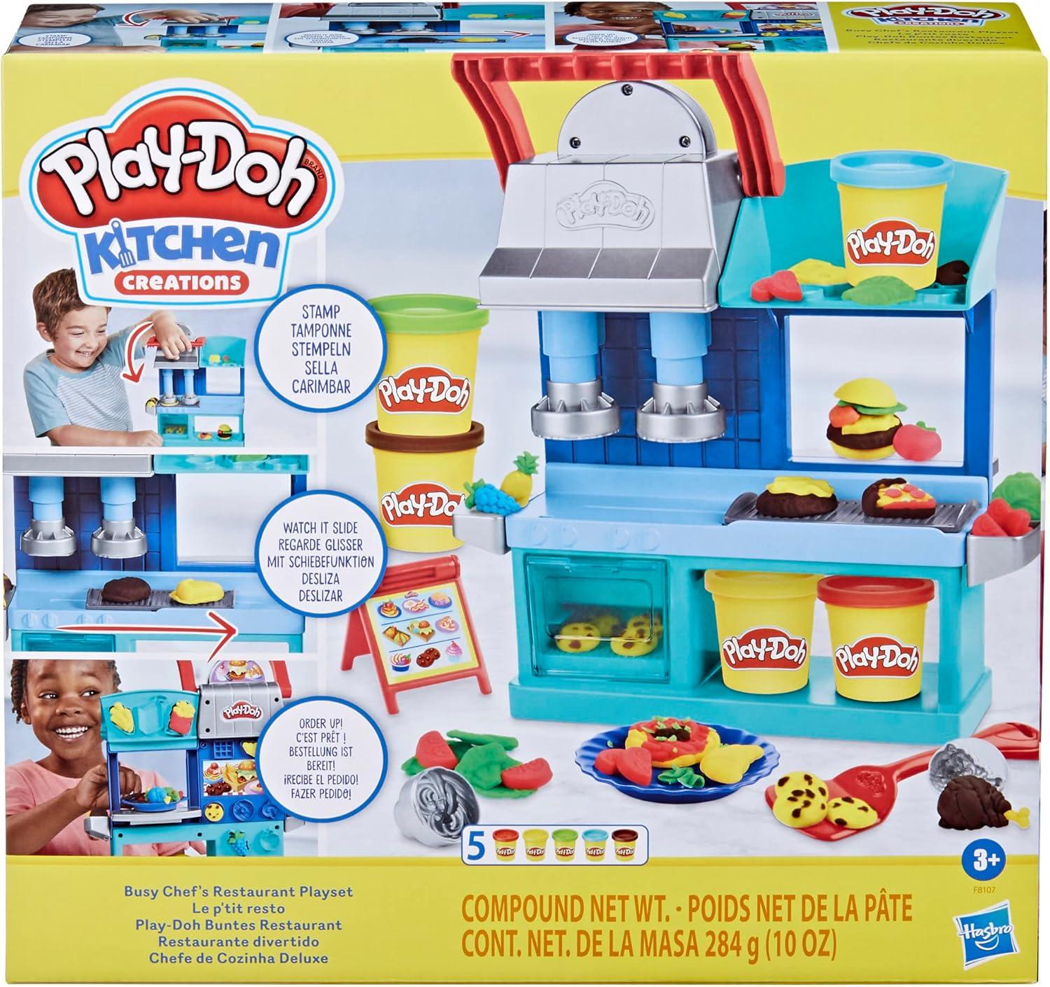 imagePlayDoh Kitchen Creations Busy Chefs Restaurant Playset 2Sided Play Kitchen Set Preschool Cooking Toys Kids Arts ampamp Crafts Ages 3