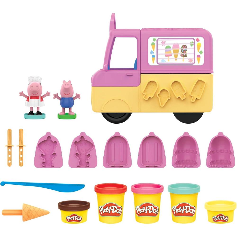 imagePlayDoh Peppas Ice Cream Playset with Truck Peppa Pig and George Figures and 5 NonToxic Modeling Compound Cans Toy for Kids 3 Years and UpStandard Packaging