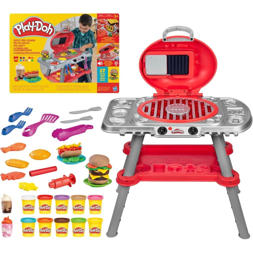imagePlayDoh Sizzlin Grill Playset with Lights ampamp Sounds 17 Accessories BBQ Toys for Boys ampamp Girls 3 Play Food Arts ampamp Crafts Red