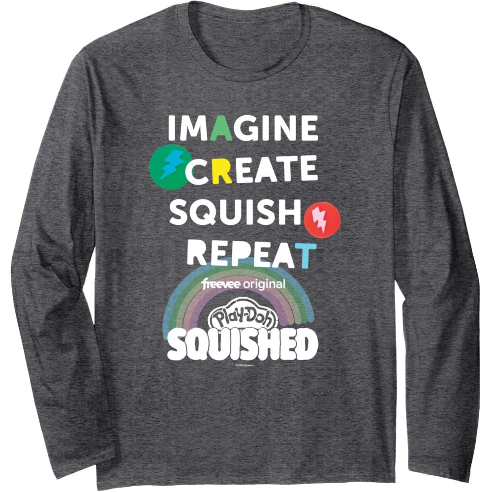 imagePlayDoh Squished Imagine Create Repeat Rainbow Stack Logo Long Sleeve TShirtDark Heather Grey