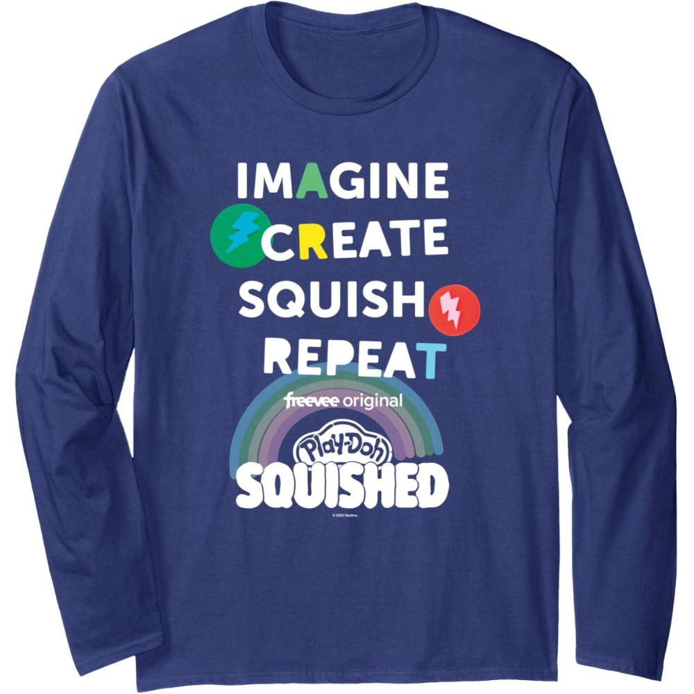 imagePlayDoh Squished Imagine Create Repeat Rainbow Stack Logo Long Sleeve TShirtNavy Blue