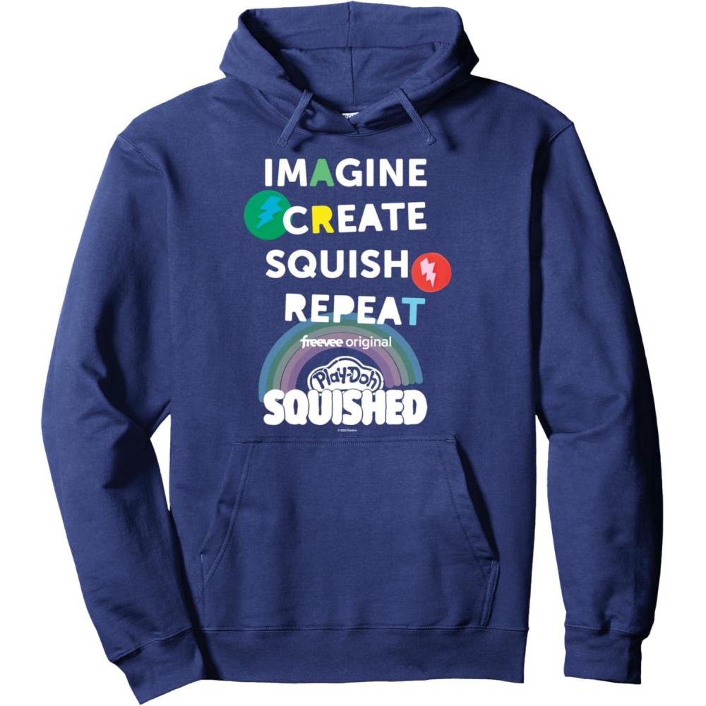 imagePlayDoh Squished Imagine Create Repeat Rainbow Stack Logo Pullover HoodieNavy Blue
