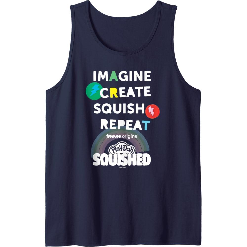 imagePlayDoh Squished Imagine Create Repeat Rainbow Stack Logo Tank TopNavy Blue