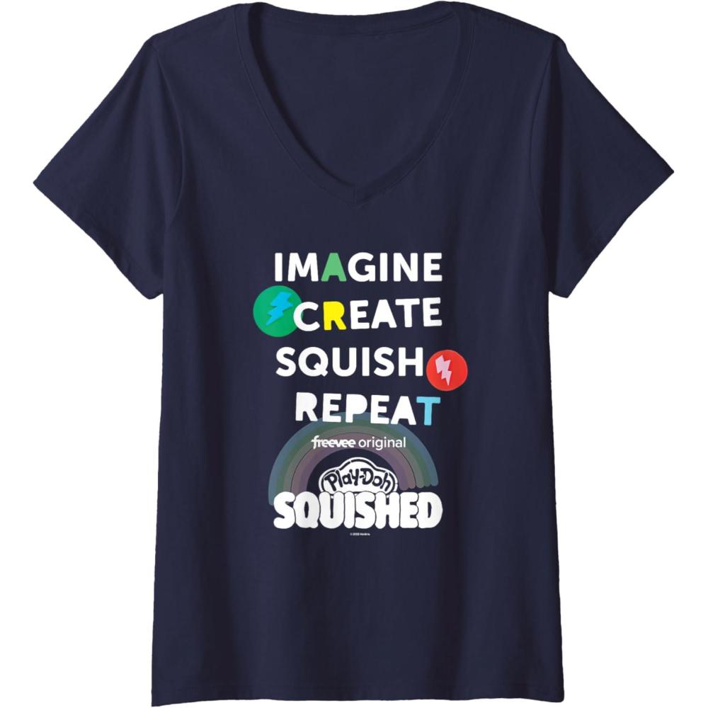 imagePlayDoh Squished Imagine Create Repeat Rainbow Stack Logo VNeck TShirtNavy Blue