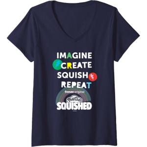 Play-Doh Squished Imagine Create Repeat Rainbow Stack Logo V-Neck T-Shirt(Navy Blue)