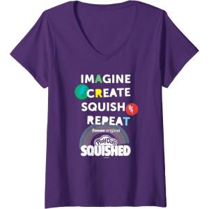 Play-Doh Squished Imagine Create Repeat Rainbow Stack Logo V-Neck T-Shirt(Purple)